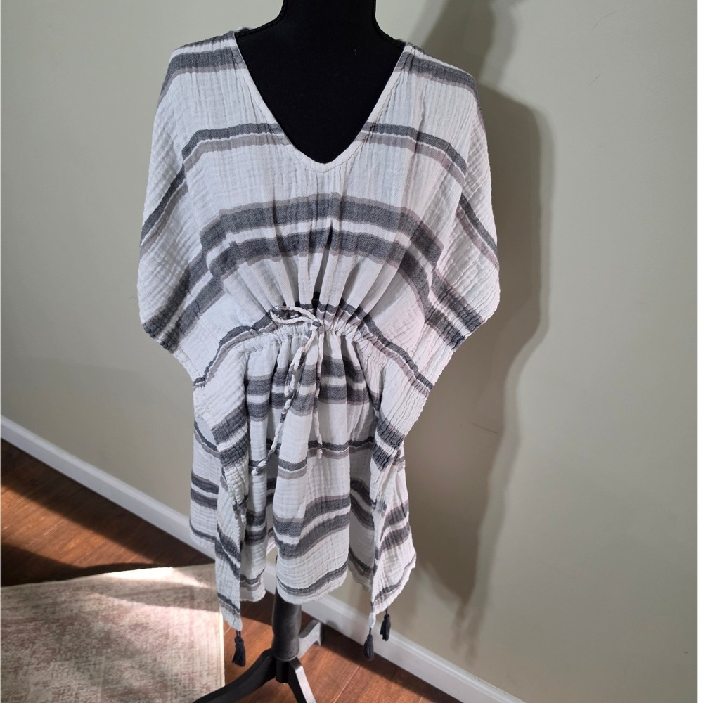 Life Is Good Womens XL/XXL Striped Cotton Gauze Kaftan Beach Cover Up Grey White